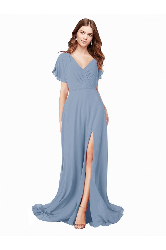 Chiffon Prom Dress with Flutter Sleeves and Front Slit UK Website