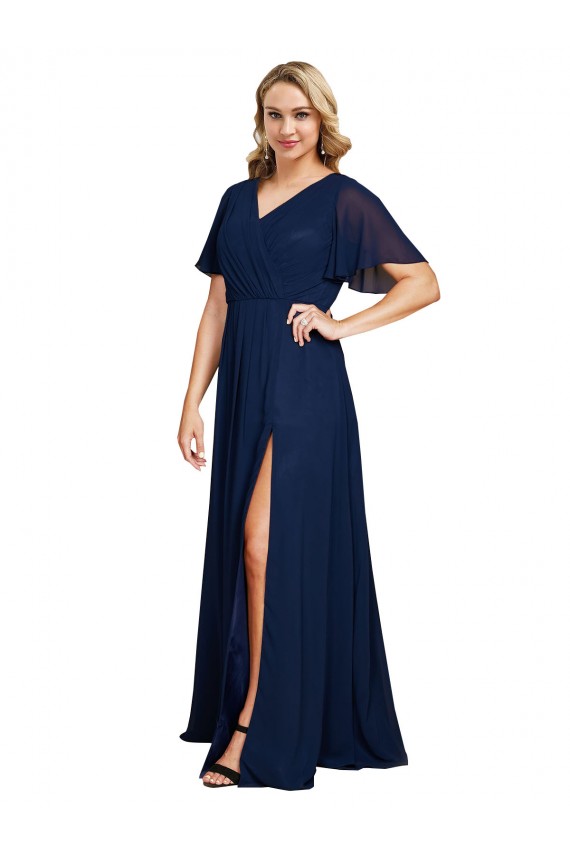 Chiffon V-Neck Short Sleeves Long Prom Dress with High Slit UK Website