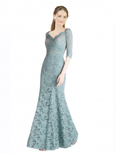 Half Sleeves Pleated Lace Prom Dress with Wrap-Around Portrait Neckline UK Website