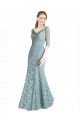 Half Sleeves Pleated Lace Prom Dress with Wrap-Around Portrait Neckline UK Website
