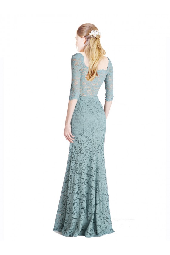 Half Sleeves Pleated Lace Prom Dress with Wrap-Around Portrait Neckline UK Website