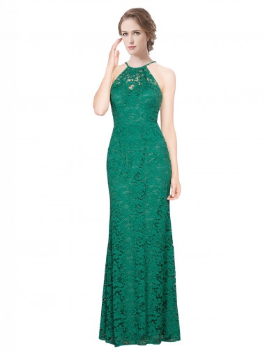 High Illusion Halter Neck Long Lace Prom Dress UK Website