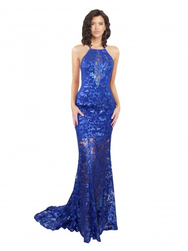 High Neck Long Open Back Lace Prom Dress with Train UK Website