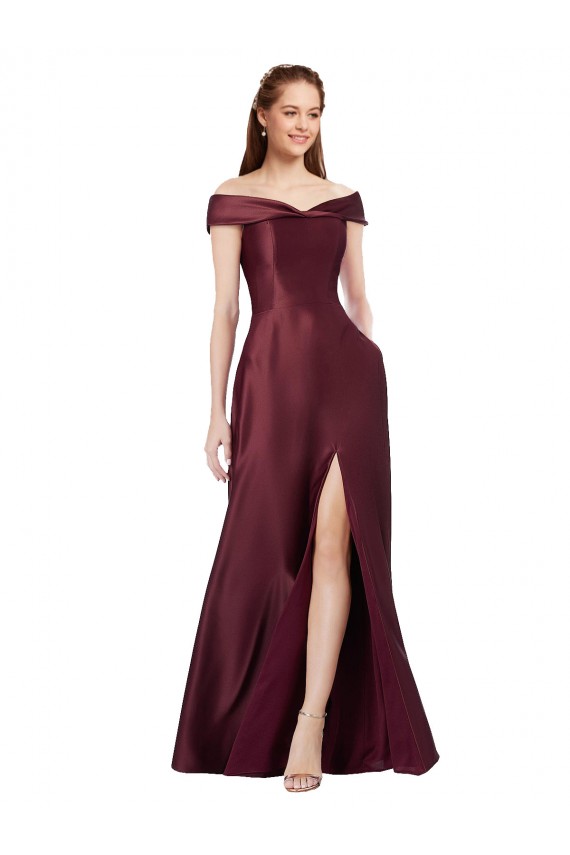 Long Off the Shoulder Satin Prom Dress with Thigh-high Slit UK Website