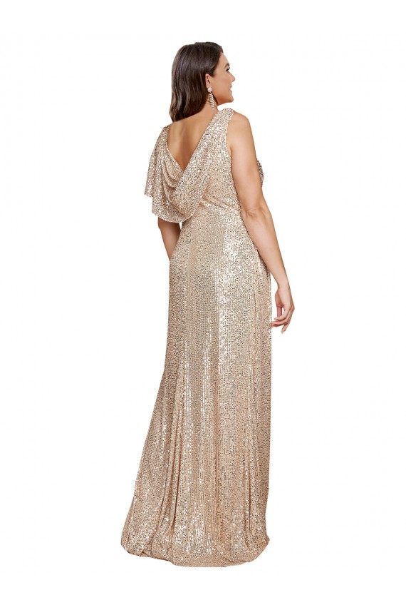 Deep V-Neck Sleeveless Sparkling Sequin Prom Dress with Draped Cowl Back UK Website