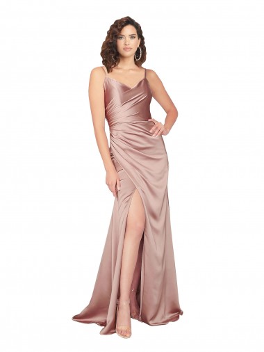 Floor Length Silky Satin Prom Dress with Front Skirt Slit UK Website