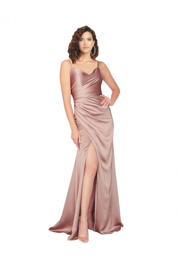Floor Length Silky Satin Prom Dress with Front Skirt Slit UK Website