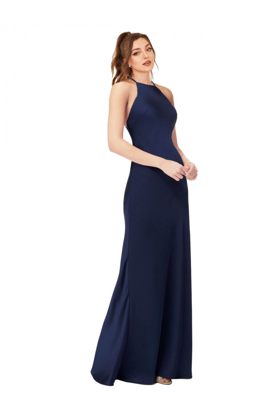 High Neck Satin Prom Dress with Strappy Back UK Website