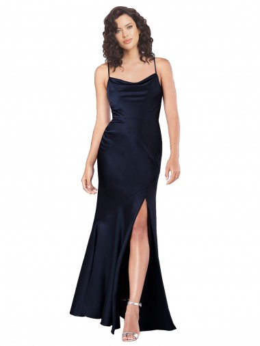 Draped Cowl Neck Silky Satin Prom Dress with Skirt Slit UK Website