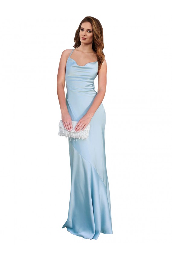 Open Back with Ties Cowl Neck Sheath Silky Satin Long Bridessmaid Dress UK Website