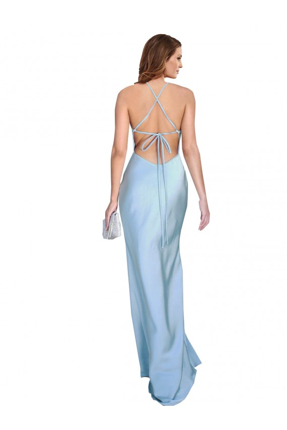Open Back with Ties Cowl Neck Sheath Silky Satin Long Bridessmaid Dress UK Website