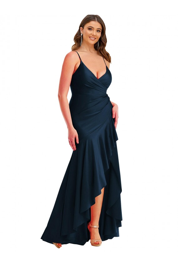 Pleated Wrap Ruffled High Low Silky Satin Prom Dress UK Website
