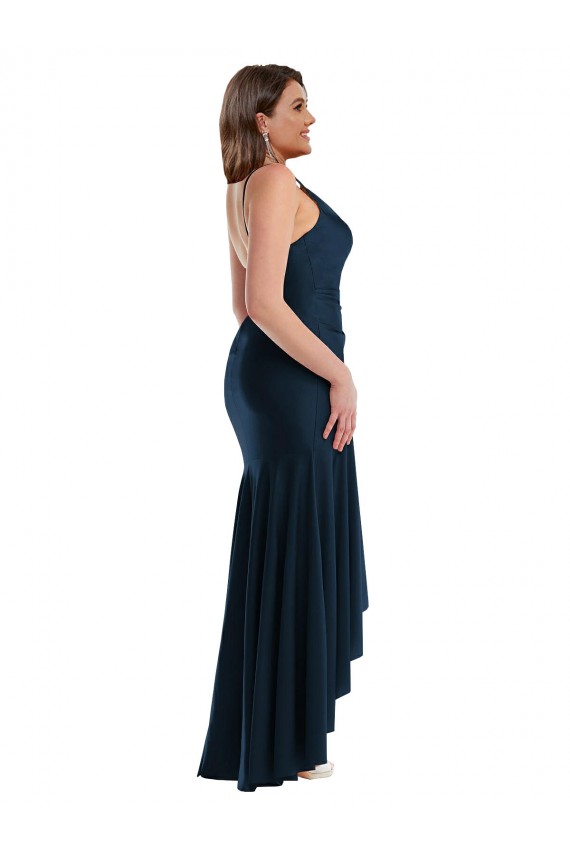 Pleated Wrap Ruffled High Low Silky Satin Prom Dress UK Website