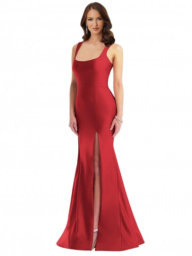 Square Neck Silky Satin Mermaid Prom Dress with Side Slit UK Website