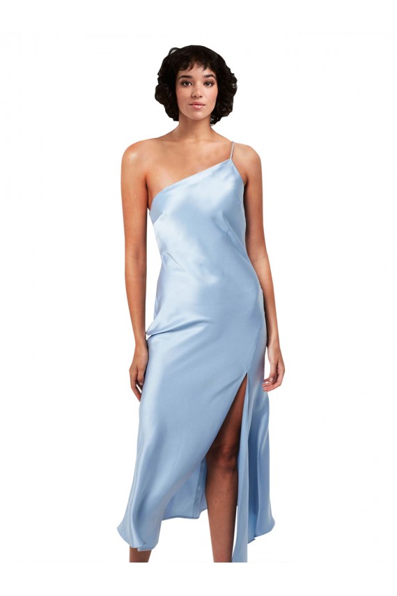 Midi Length Short Silky Satin Cocktail Prom Dress / Homecoming Dress with Asymmetric Neckline and High Side Split UK Website