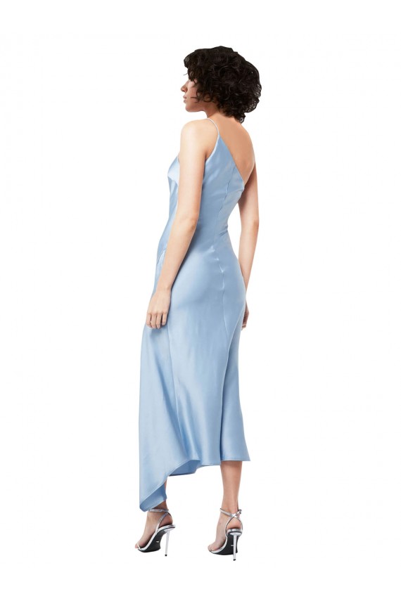Midi Length Short Silky Satin Cocktail Prom Dress / Homecoming Dress with Asymmetric Neckline and High Side Split UK Website