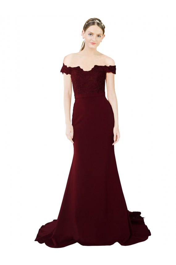 Full Length Off the Shoulder Formal Crepe Prom Dress with Lace On Bodice and Back UK Website