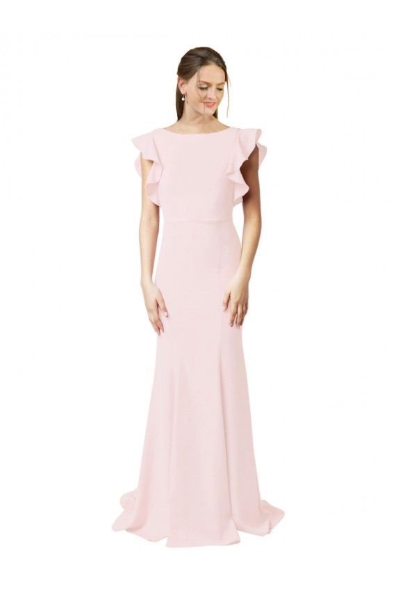 Low V-Back Long Mermaid Crepe Prom Dress with Ruffled Sleeves UK Website