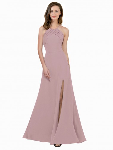 High Neck Crepe Prom Dress with Pleats and Keyhole Back UK Website
