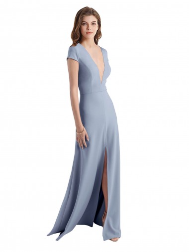Plunging V-Neck Cap Sleeves Stretch Crepe Prom Dress with Front Slit UK Website