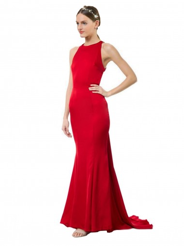 High Neck Mermaid Open Back Crepe Maxi Prom Dress with Train Detail UK Website
