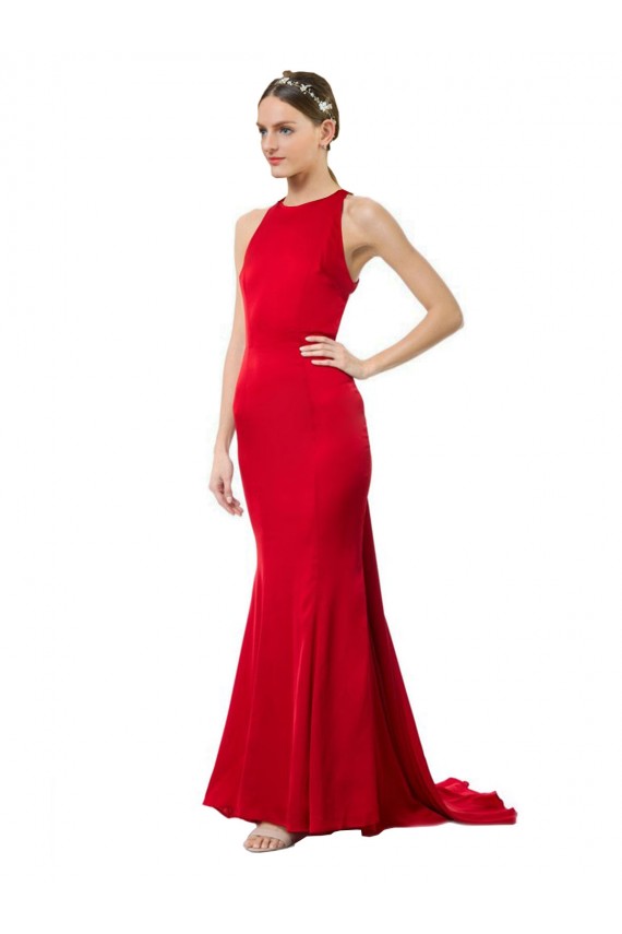 High Neck Mermaid Open Back Crepe Maxi Prom Dress with Train Detail UK Website
