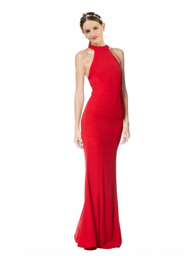 Halter Neck Keyhole Back Sleeveless Crepe Maxi Prom Dress UK Website
