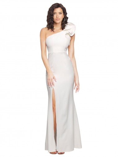 One Shoulder Long Full Length Crepe Prom Dress with Ruffles and Side Split UK Website