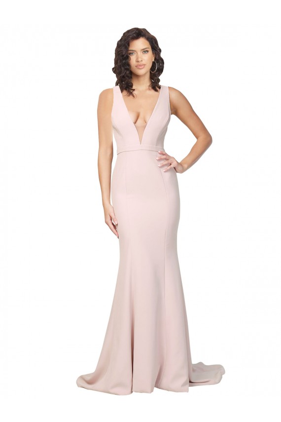 Deep Plunging V-Neckline Full Length Crepe Prom Dress with Deep V-Backline UK Website