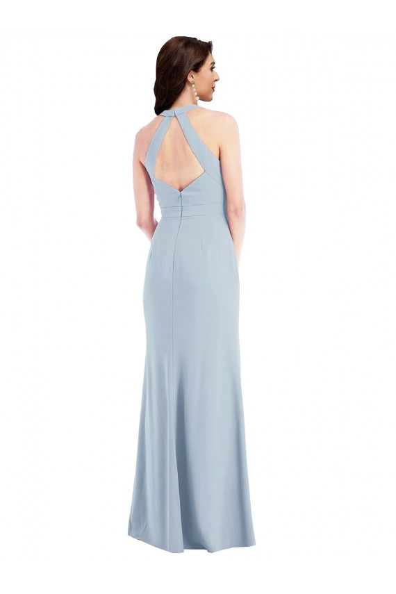 Open Back Halter Maxi Crepe Prom Dress with Draped Bow UK Website