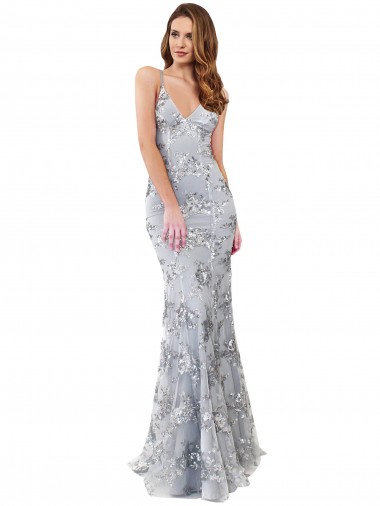 Silver V-Neckline Backless Floral Patterned Sequin Prom Dress UK Website