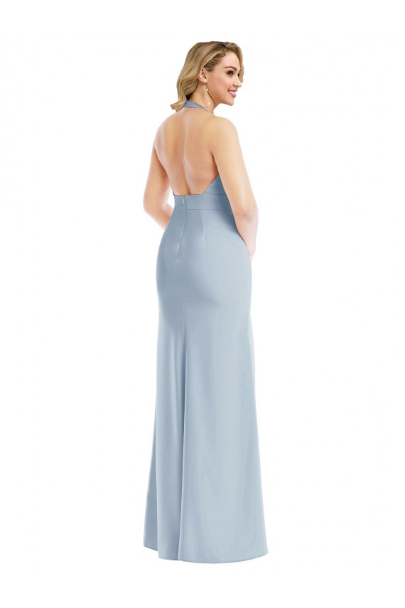 Plunge Neck Halter Backless Trumpet Prom Dress with Front Slit UK Website