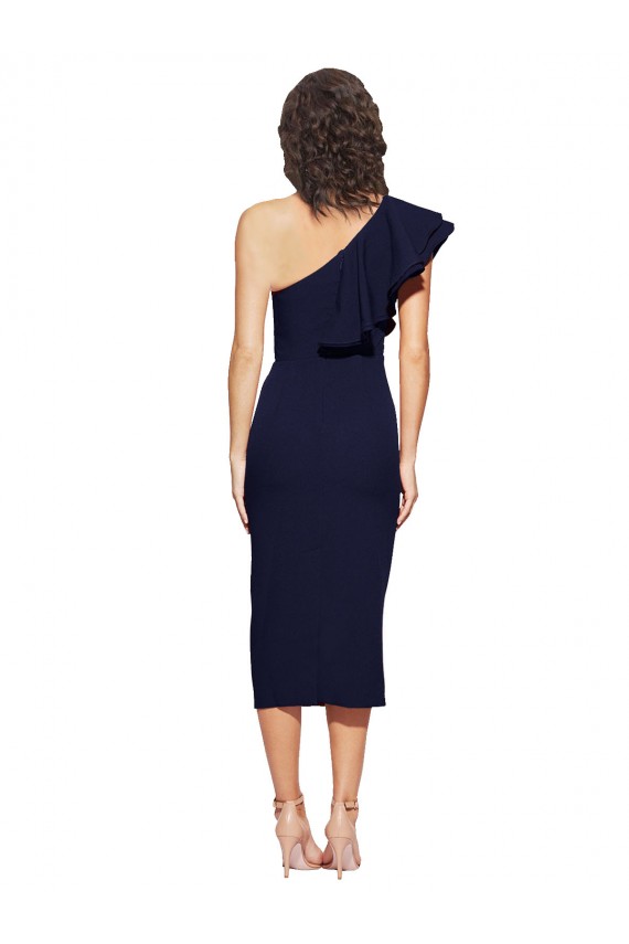 Ruched Midi Length Short Crepe Cocktail Prom Dress / Homecoming Dress with Shoulder Ruffles UK Website