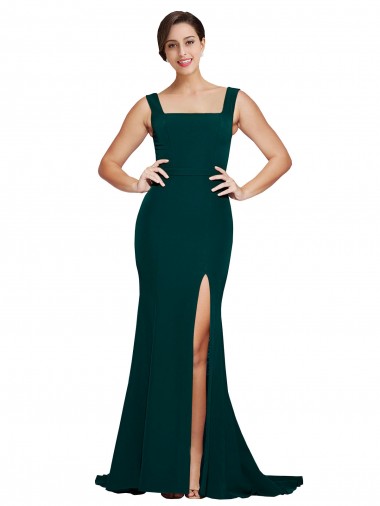 Fitted Square Neck Long Crepe Prom Dress with Train and Side Split UK Website