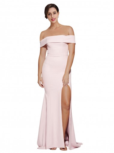 Off Shoulder Long Crepe Prom Dress with Straight Neckline and Side Split UK Website