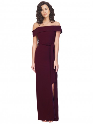 Fitted Full Length Off the Shoulder Crepe Prom Dress with Side Split and Waist Tie UK Website