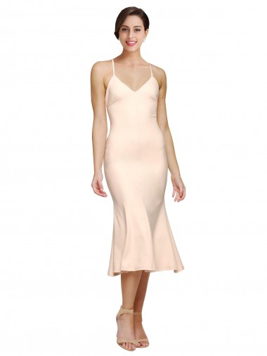 Midi Length V-Neckline Crepe Cocktail Prom Dress / Homecoming Dress with Thin Straps and Fulted Skirt UK Website
