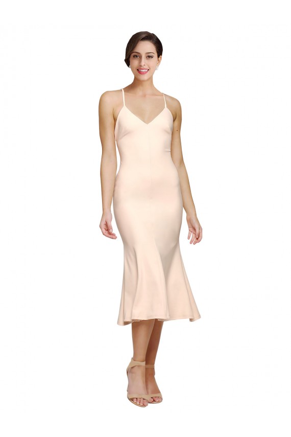 Midi Length V-Neckline Crepe Cocktail Prom Dress / Homecoming Dress with Thin Straps and Fulted Skirt UK Website