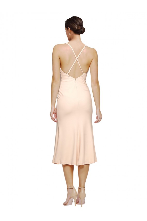 Midi Length V-Neckline Crepe Cocktail Prom Dress / Homecoming Dress with Thin Straps and Fulted Skirt UK Website