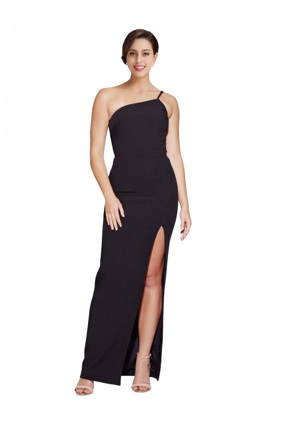 Long Floor Length Crepe Prom Dress with Side Split and One Strap UK Website