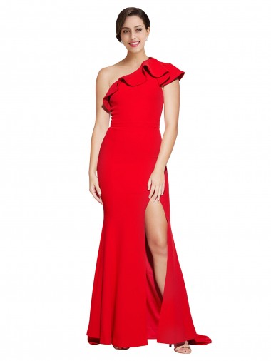 One Shoulder Long Sweep Train Crepe Prom Dress with Thigh High Split UK Website