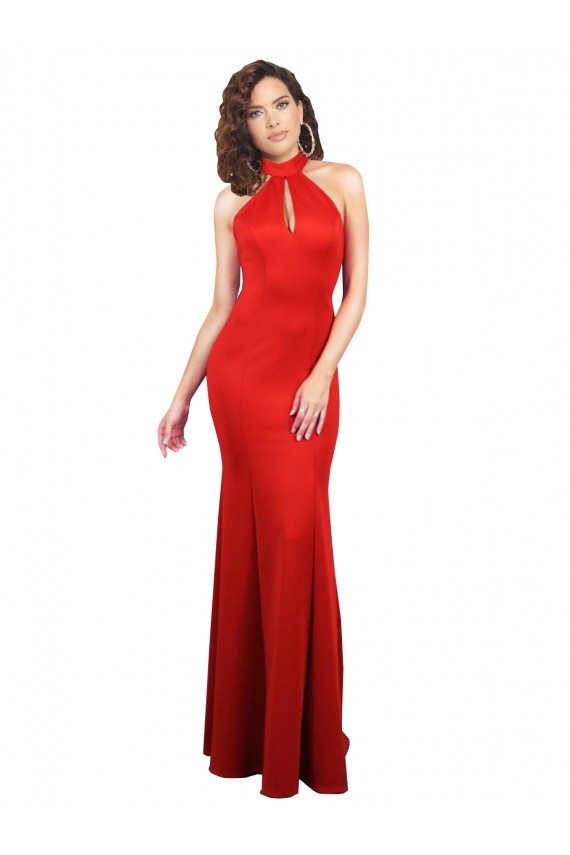 Halter Neck keyhole Front Back Long Stretch Satin Prom Dress UK Website