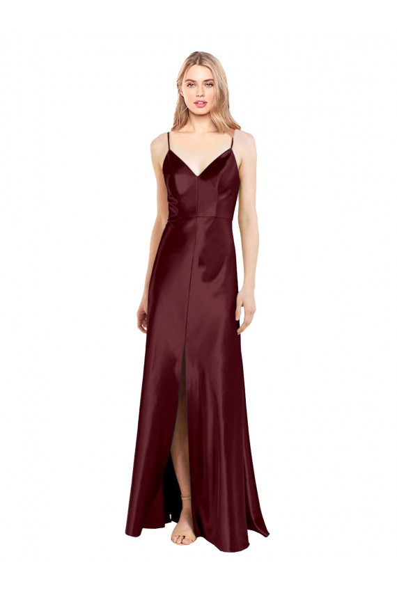 Sleek Spaghetti Straps V-Neck Stretch Satin Prom Dress with Center Front Slit UK Website