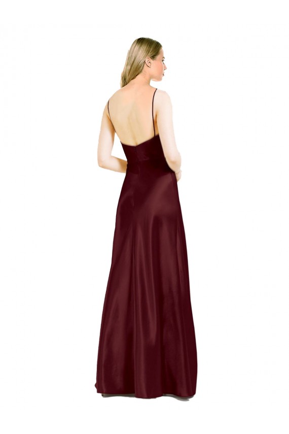 Sleek Spaghetti Straps V-Neck Stretch Satin Prom Dress with Center Front Slit UK Website