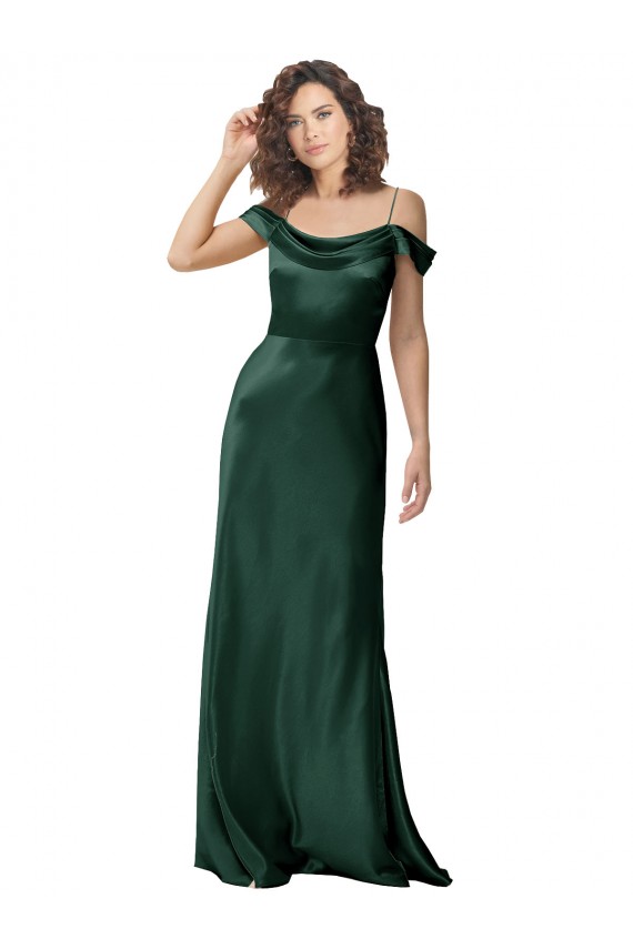 Off the Shoulder Sleeves Long Stretch Satin Prom Dress with Pleated Draped Neckline UK Website