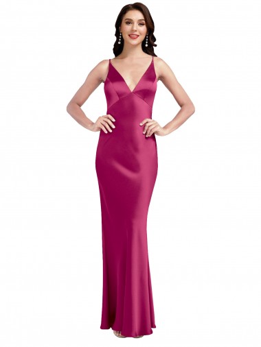 V-Neck Spaghetti Straps Slim Stretch Satin Prom Dress with Low Scoop Back UK Website