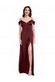 Draped Off the Shoulder Sleeves Slim A-Line Stretch Satin Prom Dress with Side Slit UK Website