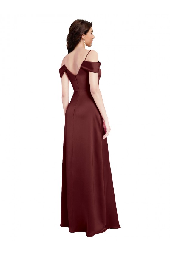 Draped Off the Shoulder Sleeves Slim A-Line Stretch Satin Prom Dress with Side Slit UK Website
