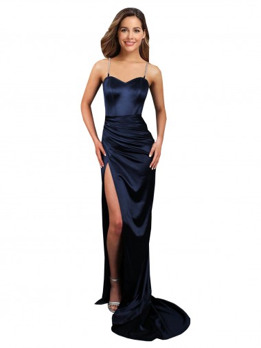 Pleated Sash Skirt Long Stretch Satin Prom Dress with High Slit UK Website