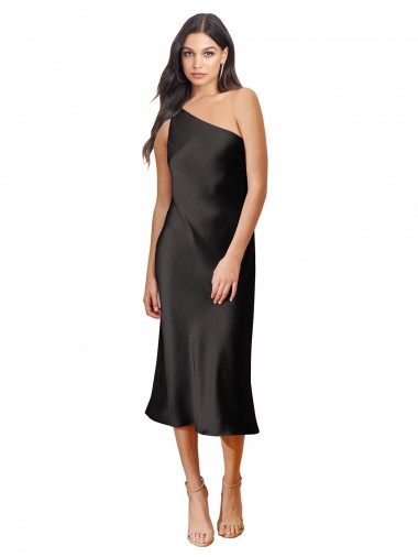 Sleek One Shoulder Midi Length Short Stretch Satin Slip Cocktail Prom Dress / Homecoming Dress UK Website